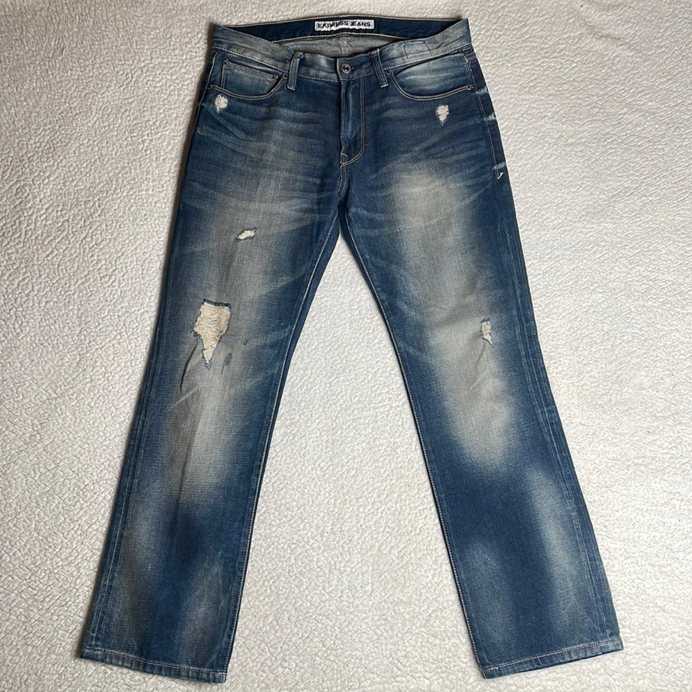 Express Rocco Slim Fit Straight Leg Jeans Denim Size 31 x 30 1/2 Distressed